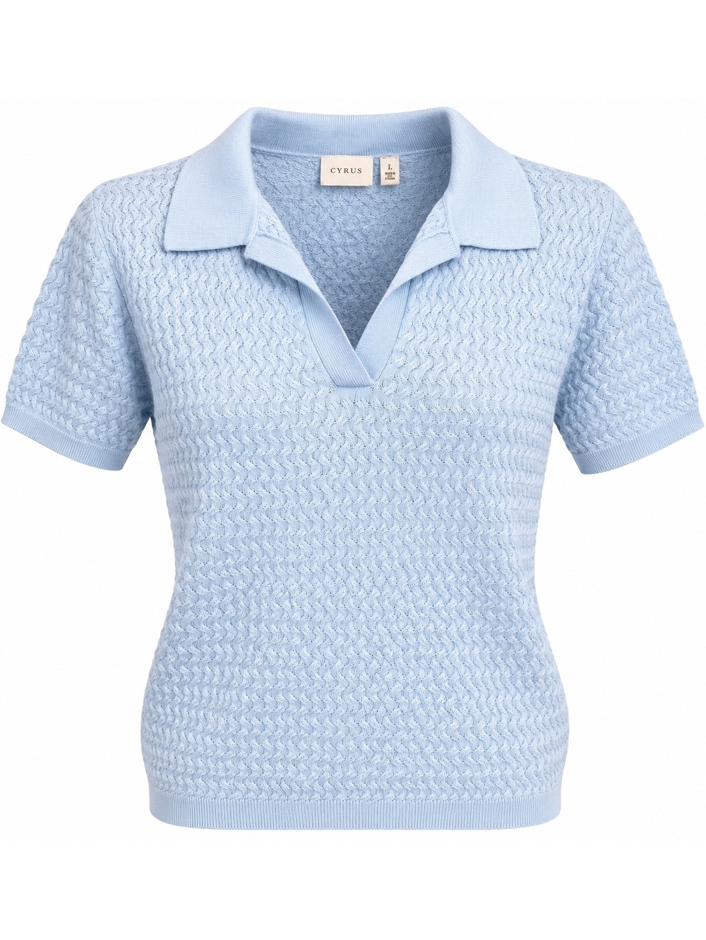 Cyrus Women’s L Blue Textured Knit Polo Sweater Short Sleeve Open Collar